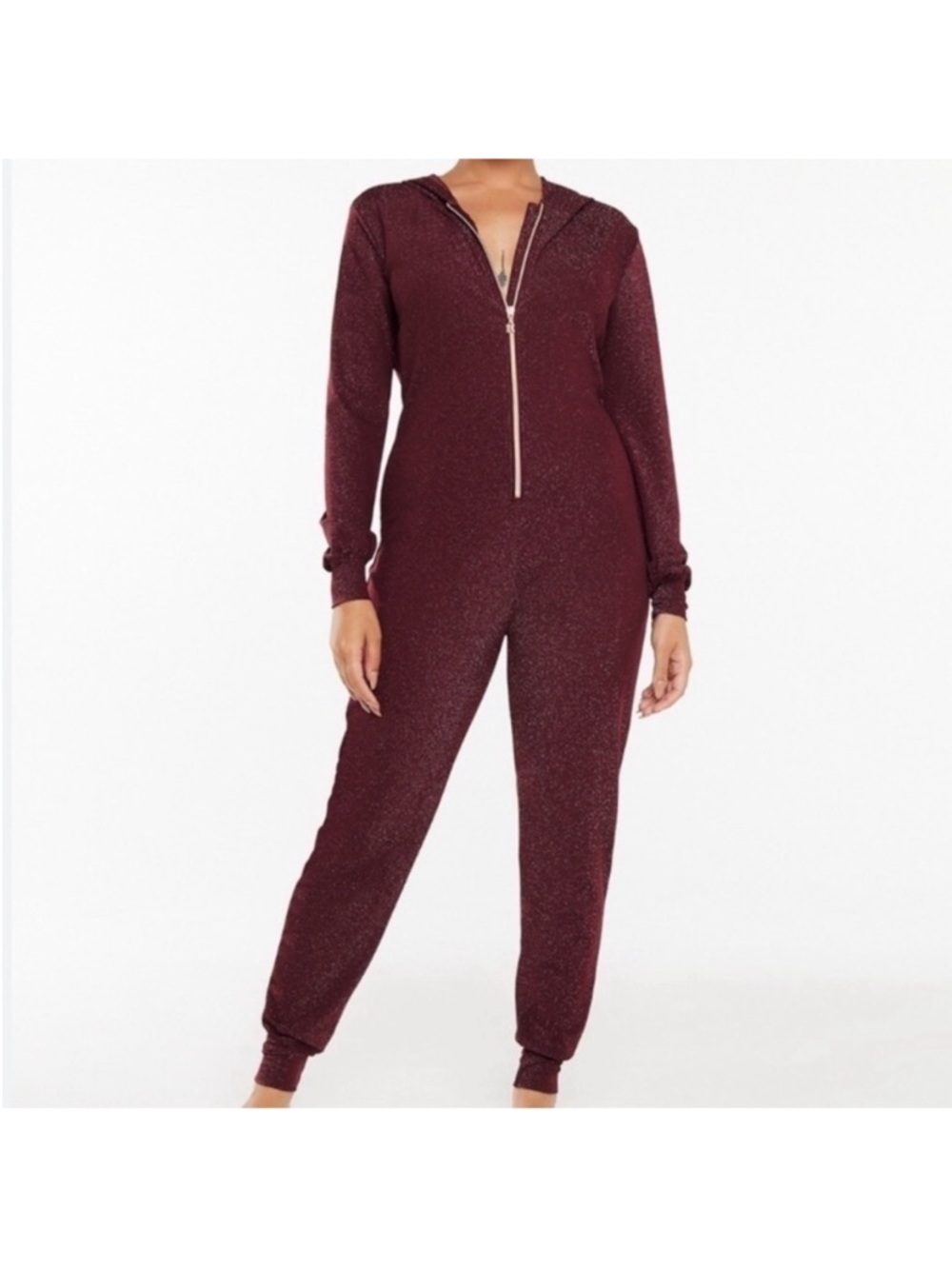 Savage X Fenty Sleep Shine Red Sparkle Burgundy Zip-Front Onesie Small NWOT